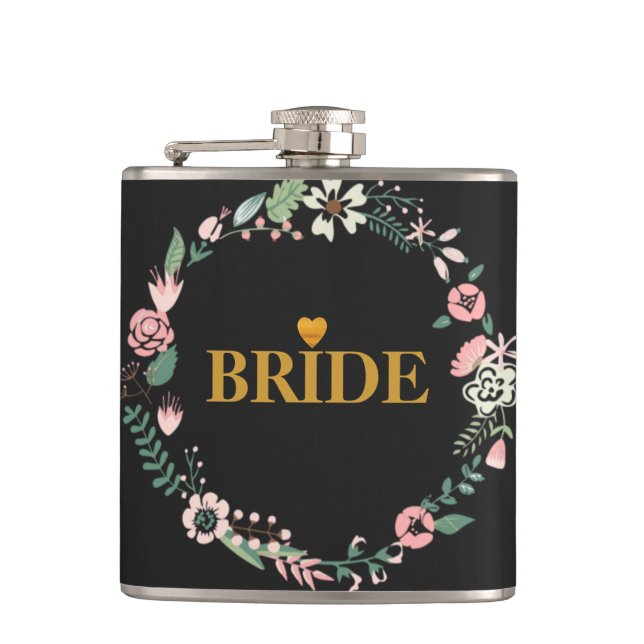 Black Gold Heart Bride Hip Flask (Front)