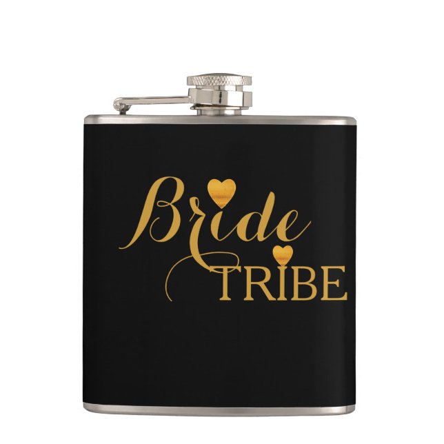Black Gold Heart Bride Tribe Hip Flask (Front)