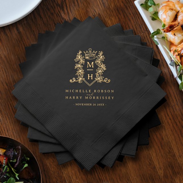 Black Gold heart crown wedding monogrammed custom Foil Napkins (Creator Uploaded)
