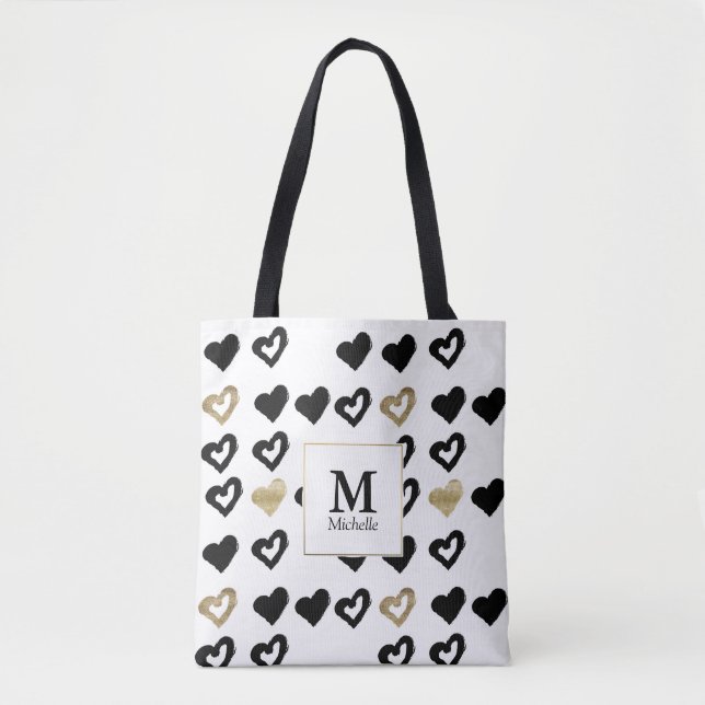 Black & Gold Heart Monogram Tote Bag (Front)