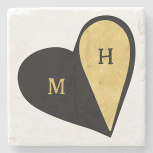 Black & Gold Heart Romantic Monogram Stone Coaster