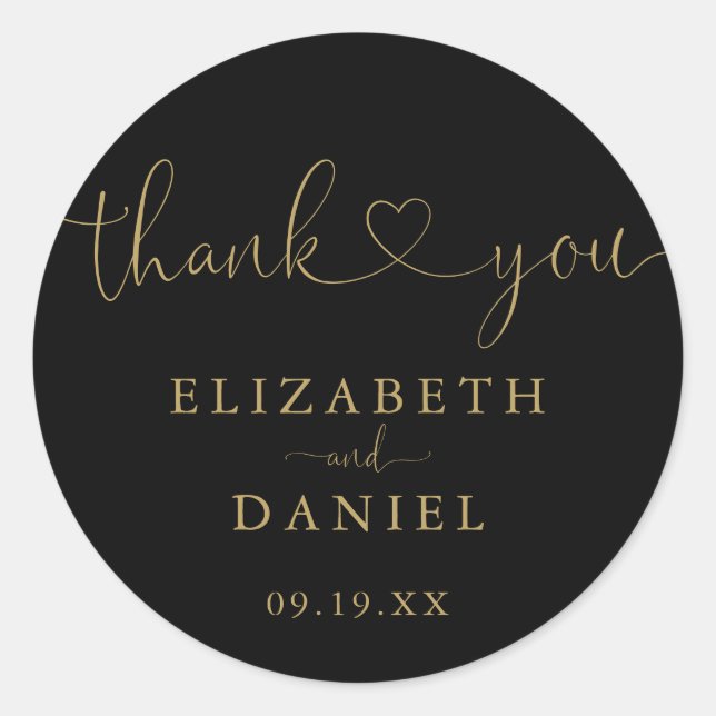 Black Gold Heart Script Thank You Wedding Favour Classic Round Sticker (Front)