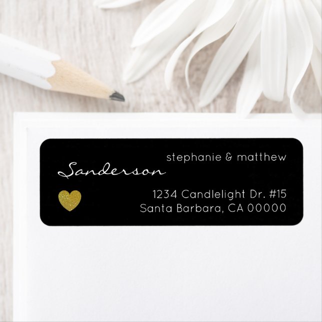 Black Gold Heart Wedding Return Address Label (Insitu)
