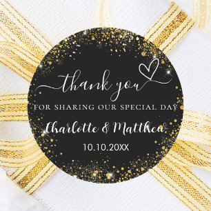 Black gold heart wedding thank you classic round sticker