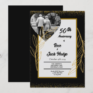 Black Gold Hearts Photo 50th Wedding Anniversary Invitation