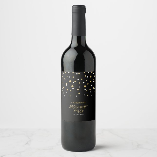 Black & Gold Hexagon Confetti Retirement Party Wine Label (Front)