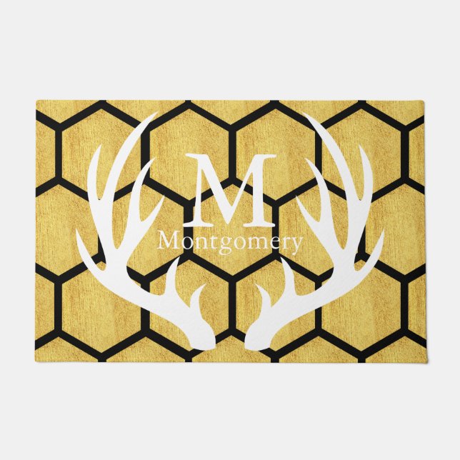 Black & Gold Hexagons Deer Antlers Family Name Doormat (Front)