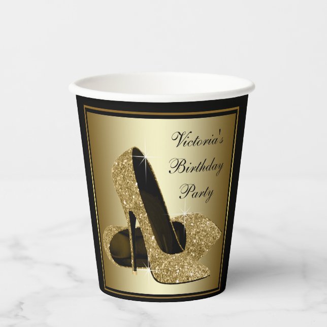 Black Gold High Heel Shoe Birthday Paper Cups (Front)