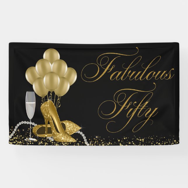 Black Gold High Heel Shoe Pearls 50th Birthday Banner (Horizontal)
