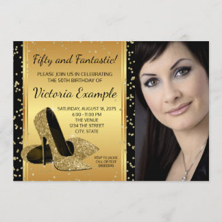 Black Gold High Heel Shoes Birthday Party Invitation