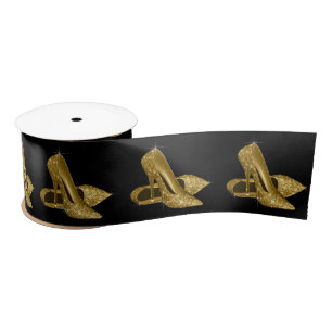 Black Gold High Heel Shoes Womans Birthday Party Satin Ribbon