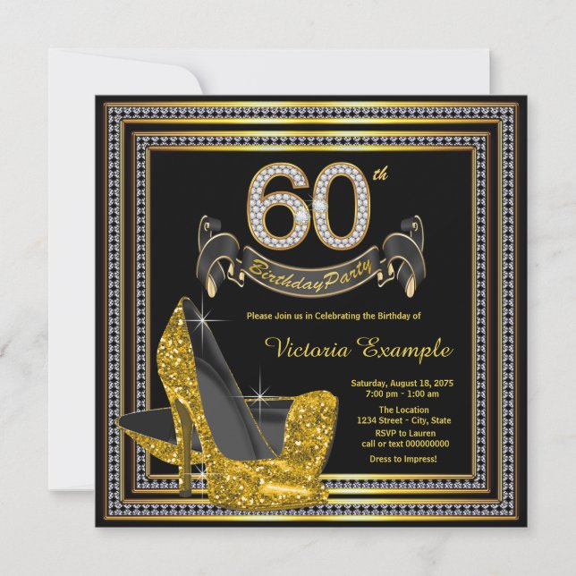 Black Gold High Heel Womans 60th Birthday Party Invitation (Front)