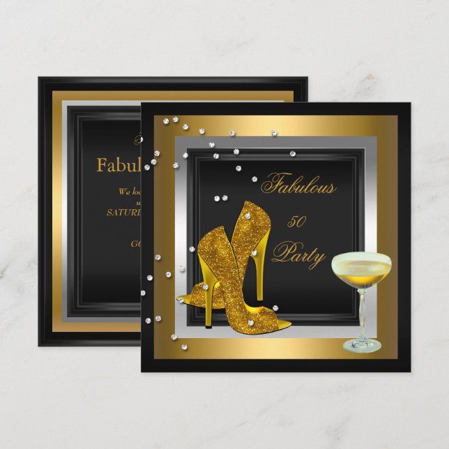 Black Gold High Heels Champagne Birthday Party Invitation (Front/Back)