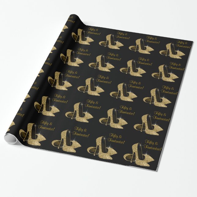 Black Gold High Heels Womans 50th Birthday Party Wrapping Paper (Unrolled)