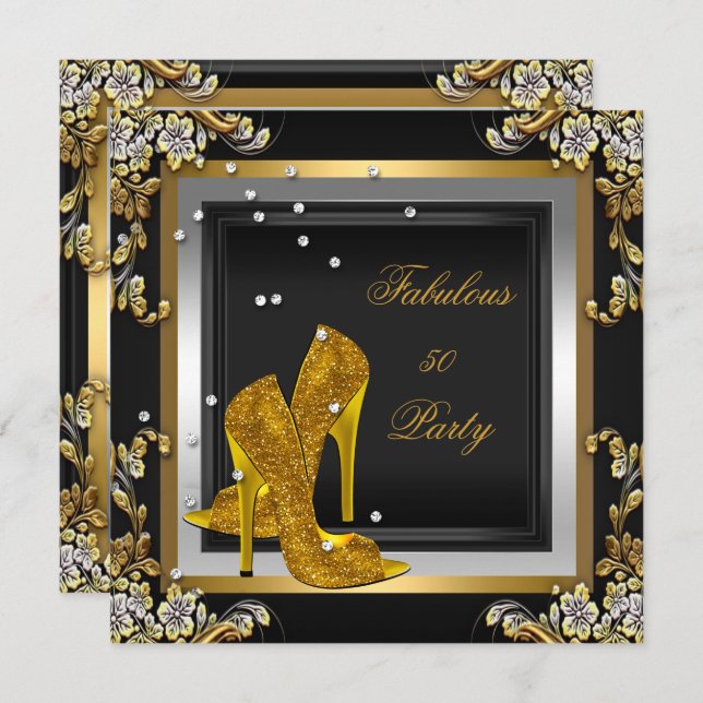 Black Gold High Heels Womans Birthday Party Invitation (Front/Back)