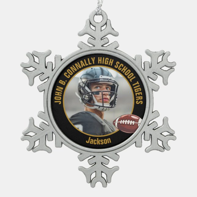 Black Gold High School Football Player Photo Snowflake Pewter Christmas Ornament (Front)
