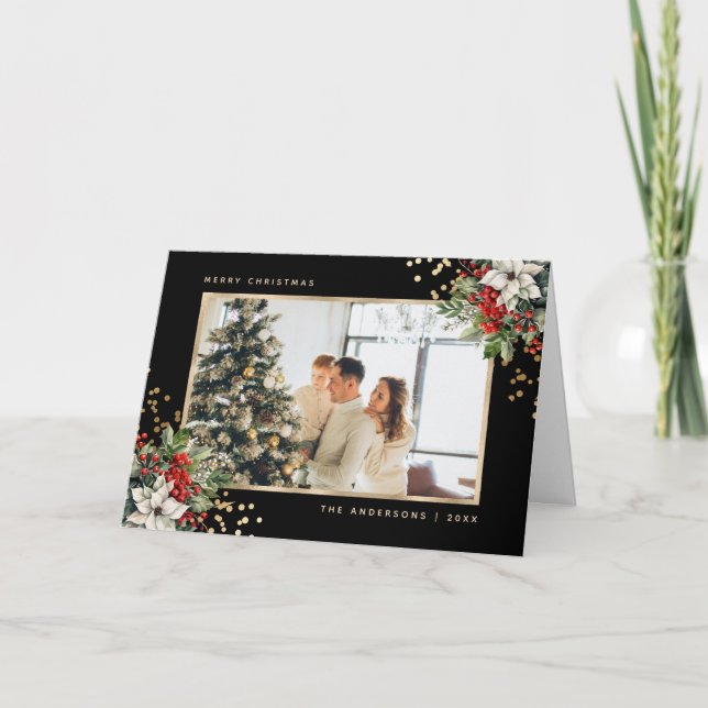 Black Gold Holly Berries Poinsettia Photo Holiday Card (Front)