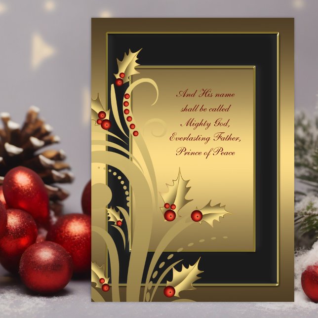 Black Gold Holly Christian Christmas Cards (Christian Christmas card with red and gold holly on a black and gold background with scriptures.)