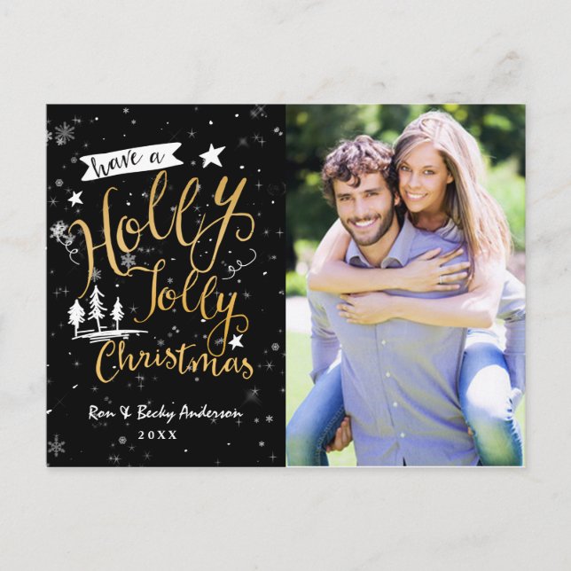 Black & Gold HOLLY JOLLY CHRISTMAS Photo Card (Front)