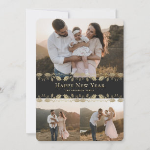 Black Gold Holly Photo Happy New Year Card