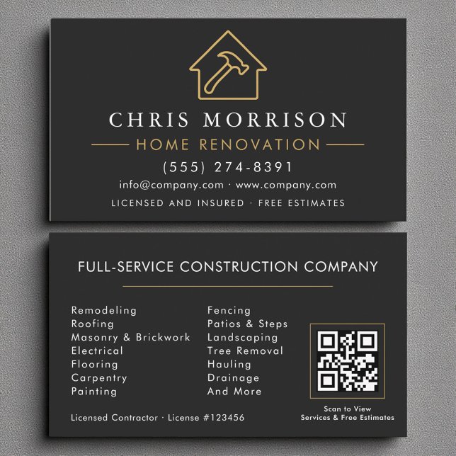 Black Gold Home Renovation Repair QR Code Business Card (Creator Uploaded)