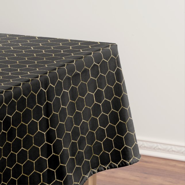 Black & Gold Honeycomb Elegant Geometric Pattern Tablecloth (In Situ)