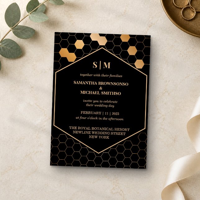 Black Gold Honeycomb Wedding Invitation (Creator Uploaded)