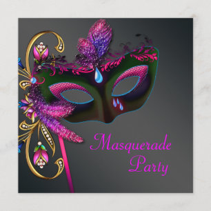 Black Gold Hot Pink Masquerade Party Invitation