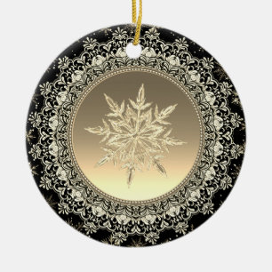 Black & Gold Ice Snowflake Ceramic Ornament