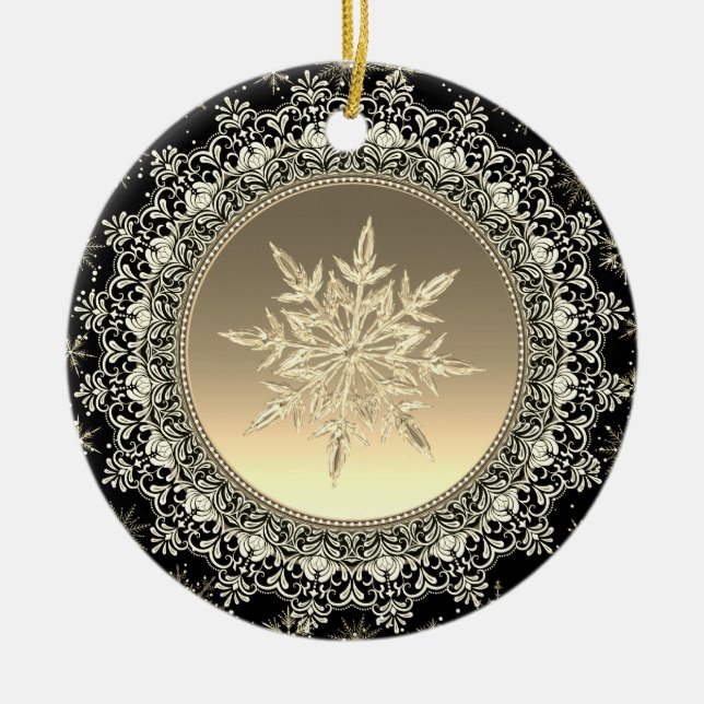Black & Gold Ice Snowflake Ceramic Ornament (Front)