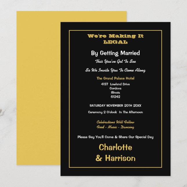 Black Gold Informal Wedding Invitation (Front/Back)
