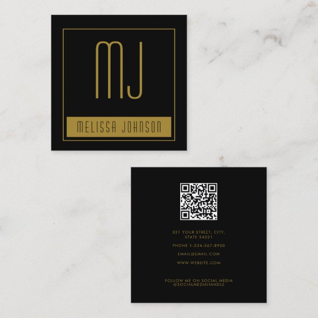 Black Gold Initial Monogram Social Media QR Code Square Business Card (Front/Back)