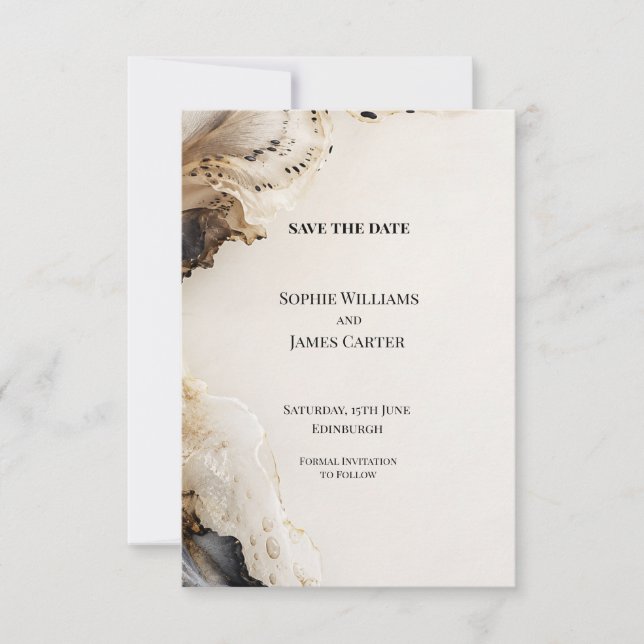 Black Gold Ivory Abstract Ink Wedding Save The Date (Front)