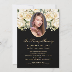 Black Gold Ivory Floral Photo Funeral Memorial Invitation