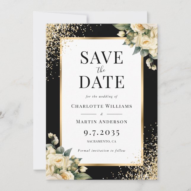 Black Gold Ivory Rose Confetti Floral Wedding Save The Date (Front)