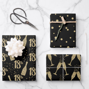 Black Gold Jewelled Champagne 18th Celebration Wrapping Paper Sheet