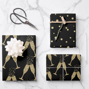 Black Gold Jewelled Champagne Toast Wrapping Paper Sheet