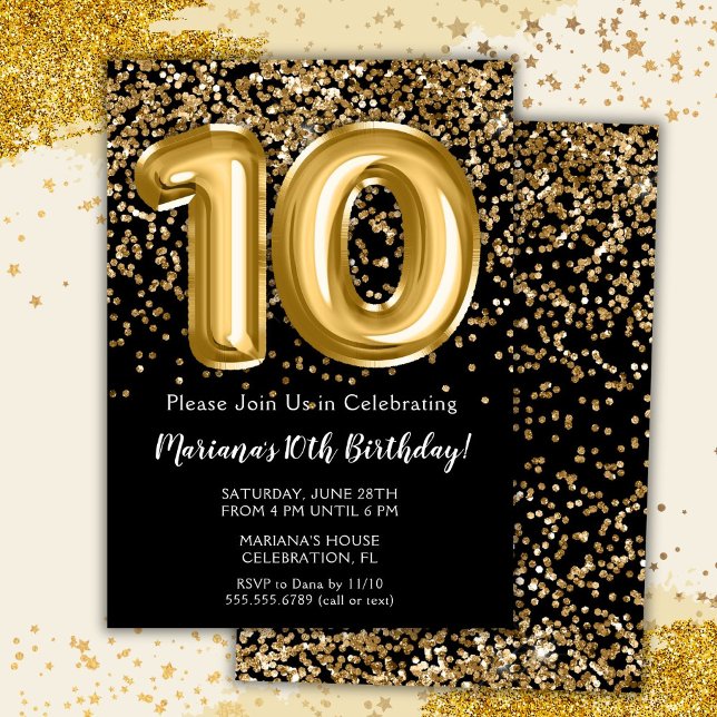 Black Gold Kids Girl 10th Birthday Party Invitation (Creator Uploaded)
