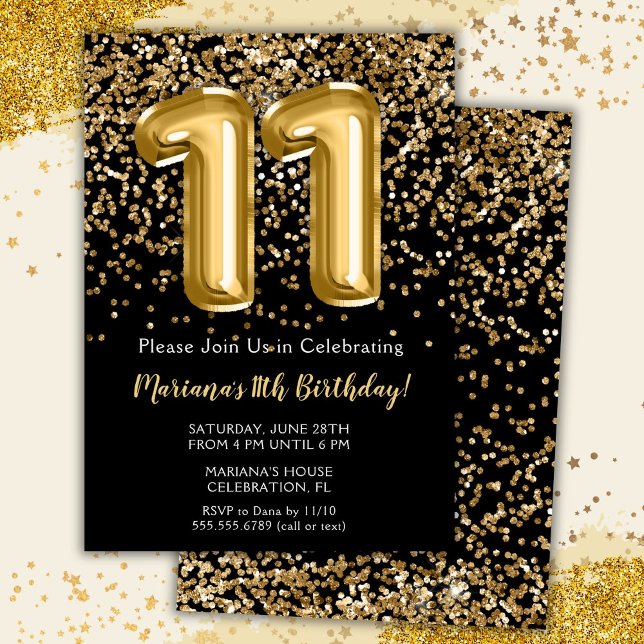 Black Gold Kids Girl 11th Birthday Party Invitation (Creator Uploaded)
