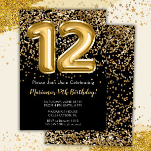 Black Gold Kids Girl 12th Birthday Party Invitatio Invitation