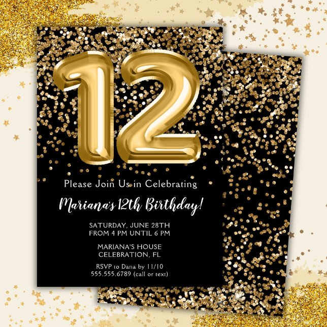 Black Gold Kids Girl 12th Birthday Party Invitation (Creator Uploaded)