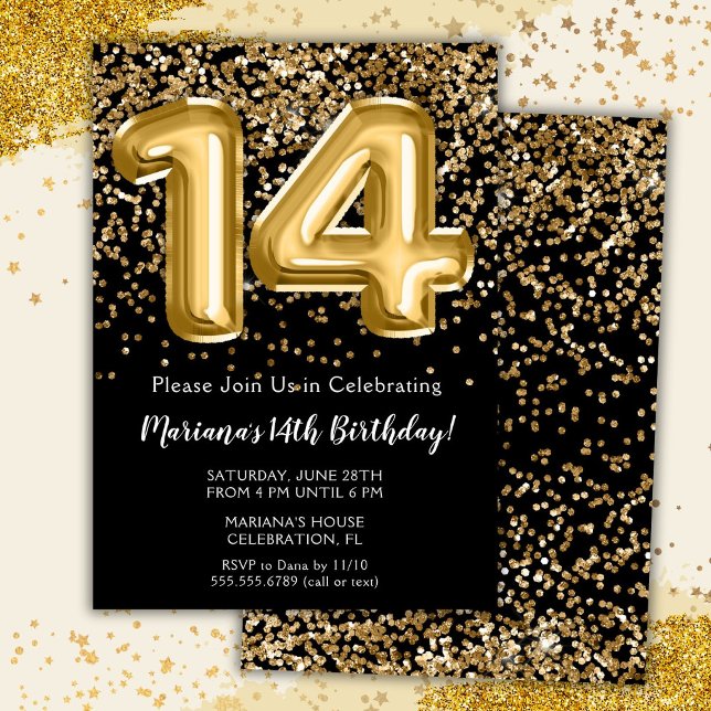 Black Gold Kids Girl 14th Birthday Party Invitation (Creator Uploaded)