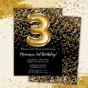 Black Gold Kids Girl 3rd Birthday Party Invitation