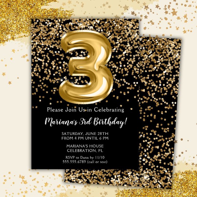 Black Gold Kids Girl 3rd Birthday Party Invitation (Creator Uploaded)