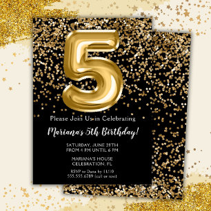 Black Gold Kids Girl 5th Birthday Party Invitation