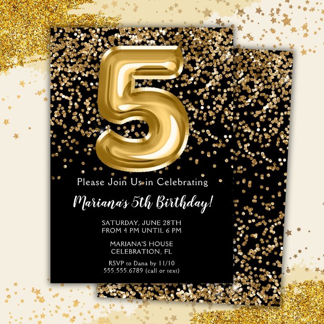 Black Gold Kids Girl 5th Birthday Party Invitation (Creator Uploaded)