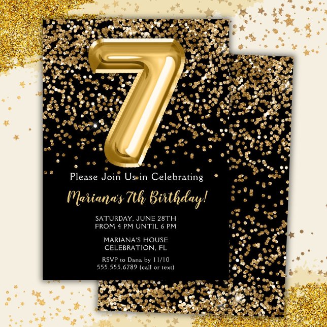Black Gold Kids Girl 7th Birthday Party Invitation (Creator Uploaded)