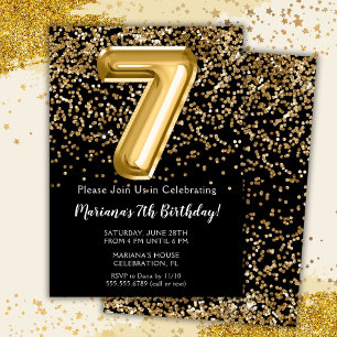 Black Gold Kids Girl 7th Birthday Party Invitation