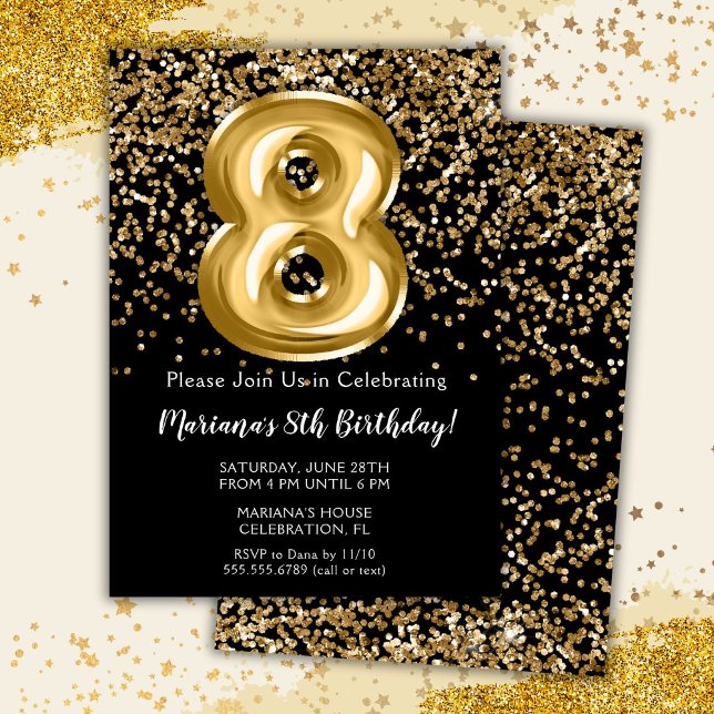 Black Gold Kids Girl 8th Birthday Party Invitation (Creator Uploaded)