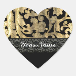 Black & gold lace damask heart sticker